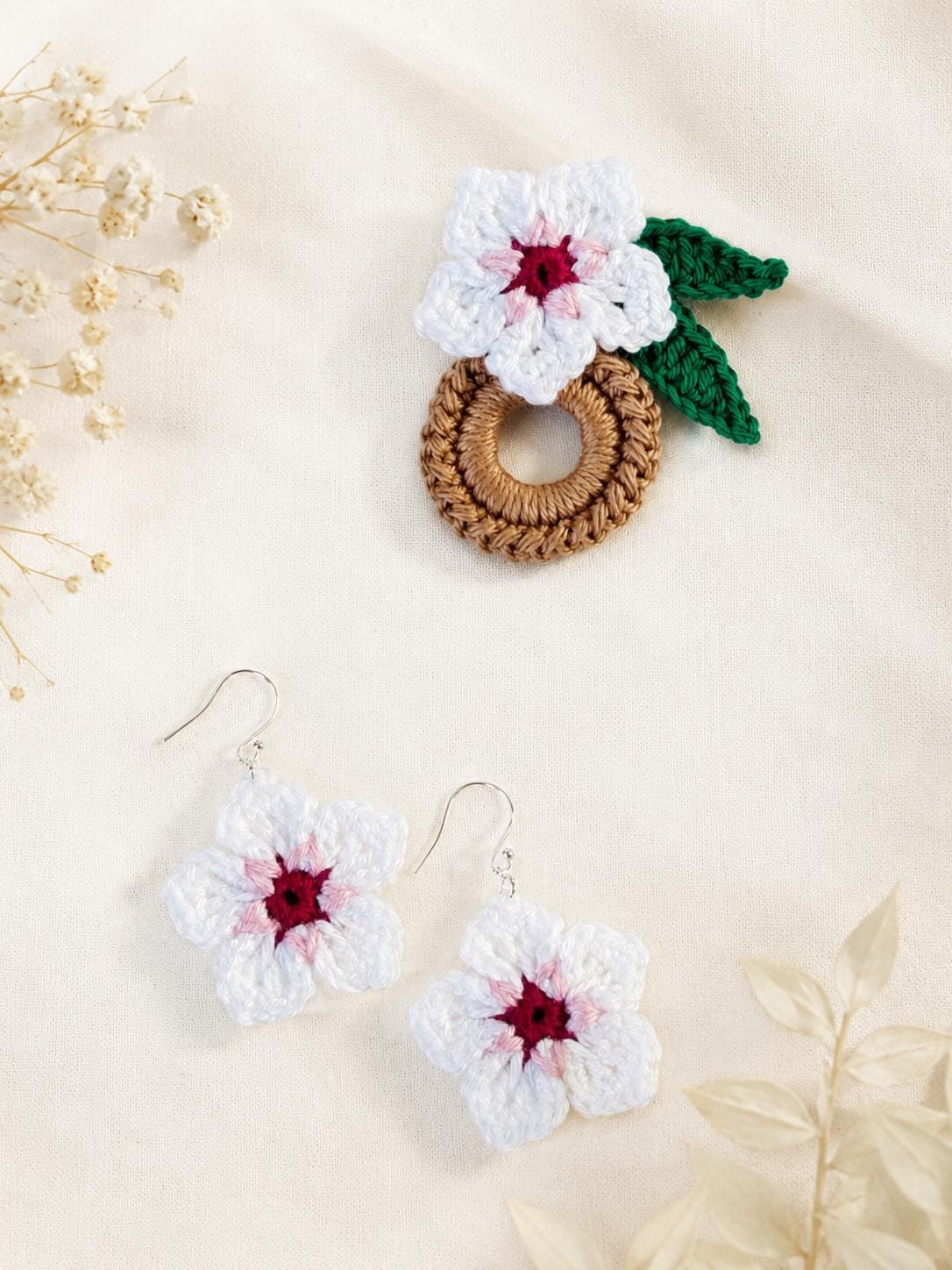 Forget Me Not Flower Crochet Earrings, Sterling Silver Hooks, Glasses Holder Set __etsy:8054564678