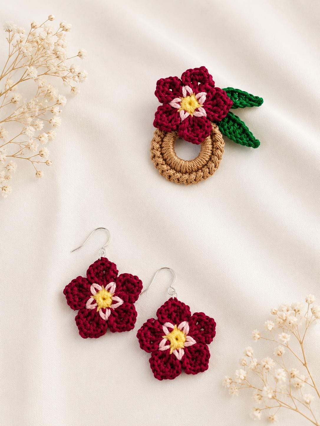 Forget Me Not Flower Crochet Earrings, Sterling Silver Hooks, Glasses Holder Set __etsy:8054564684