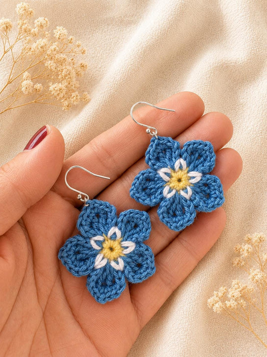 Forget Me Not Flower Crochet Earrings, Sterling Silver Hooks, Glasses Holder Set __etsy:8067955364