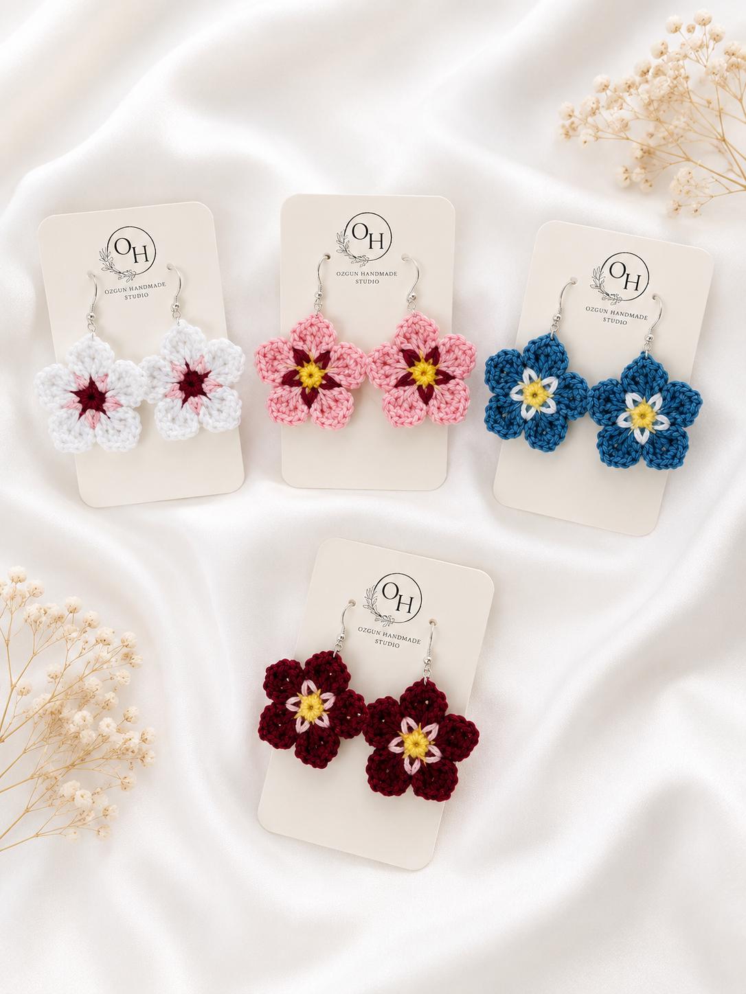 Forget Me Not Flower Crochet Earrings, Sterling Silver Hooks, Glasses Holder Set __etsy:8054582422