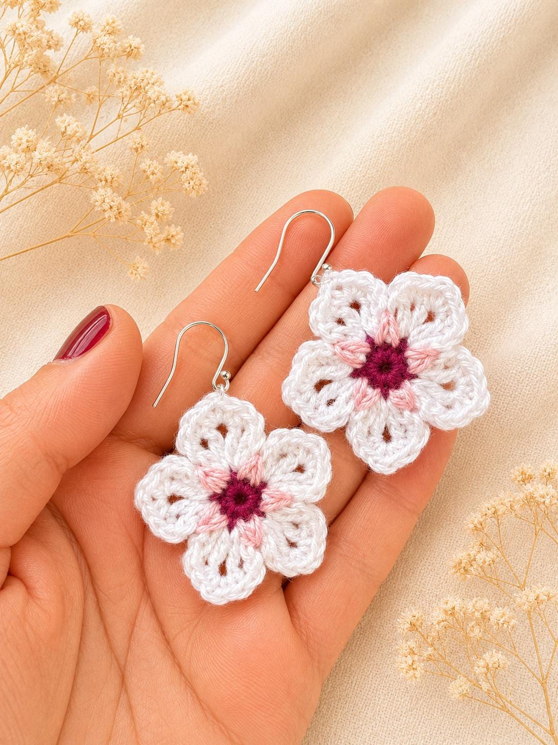 Forget Me Not Flower Crochet Earrings, Sterling Silver Hooks, Glasses Holder Set __etsy:8067955370