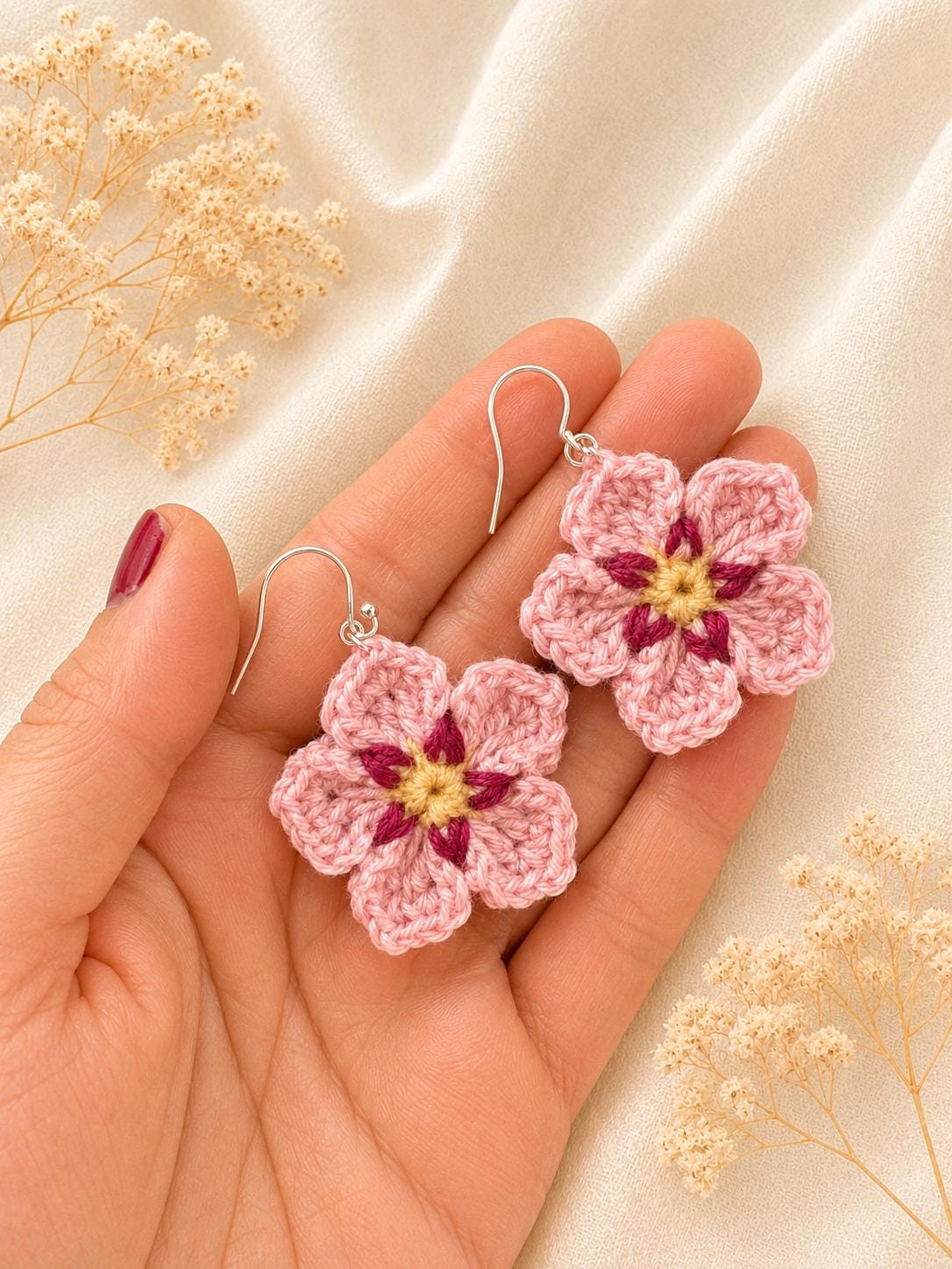 Forget Me Not Flower Crochet Earrings, Sterling Silver Hooks, Glasses Holder Set __etsy:8068004640