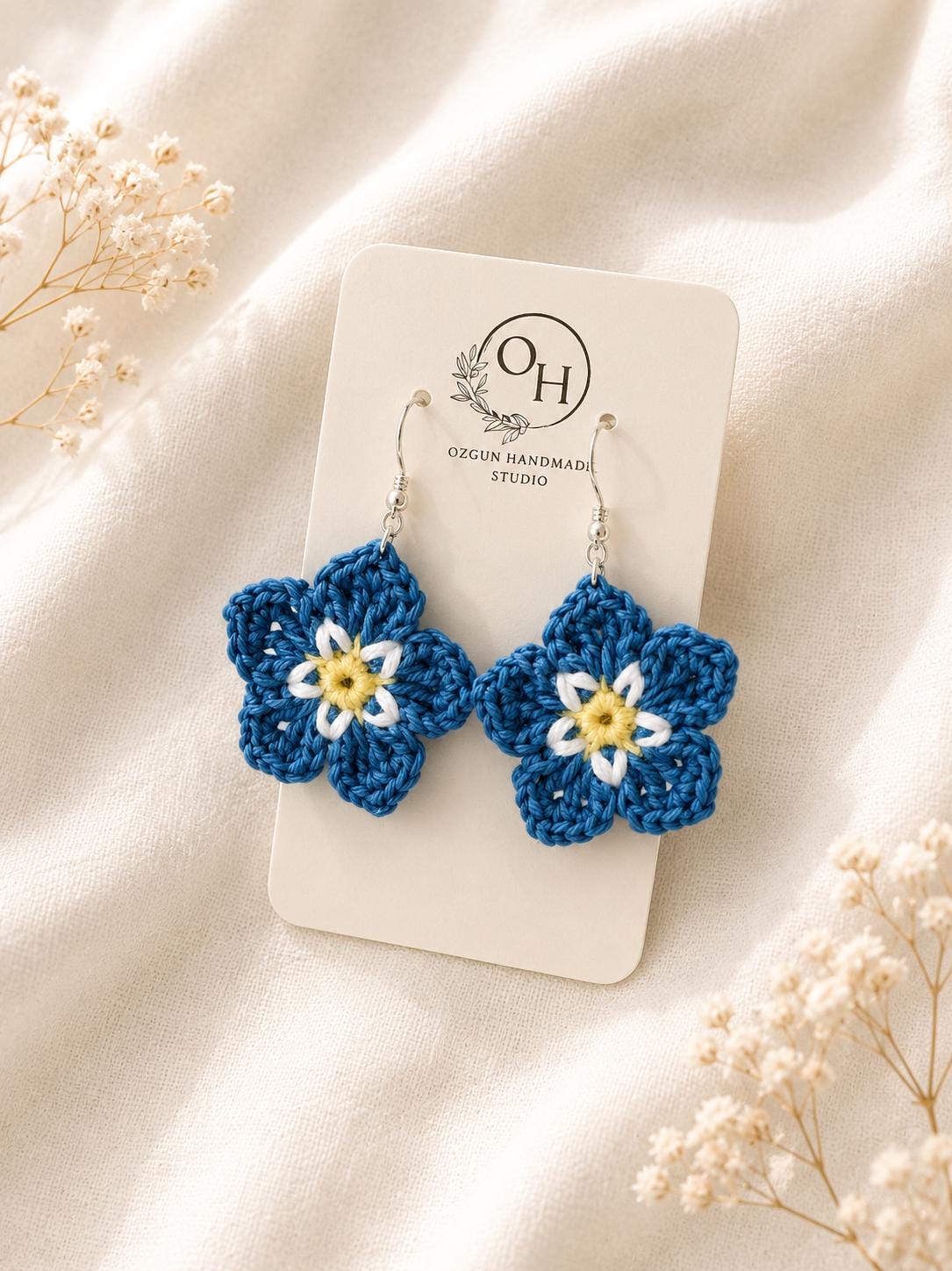Forget Me Not Flower Crochet Earrings, Sterling Silver Hooks, Glasses Holder Set __etsy:8054582450
