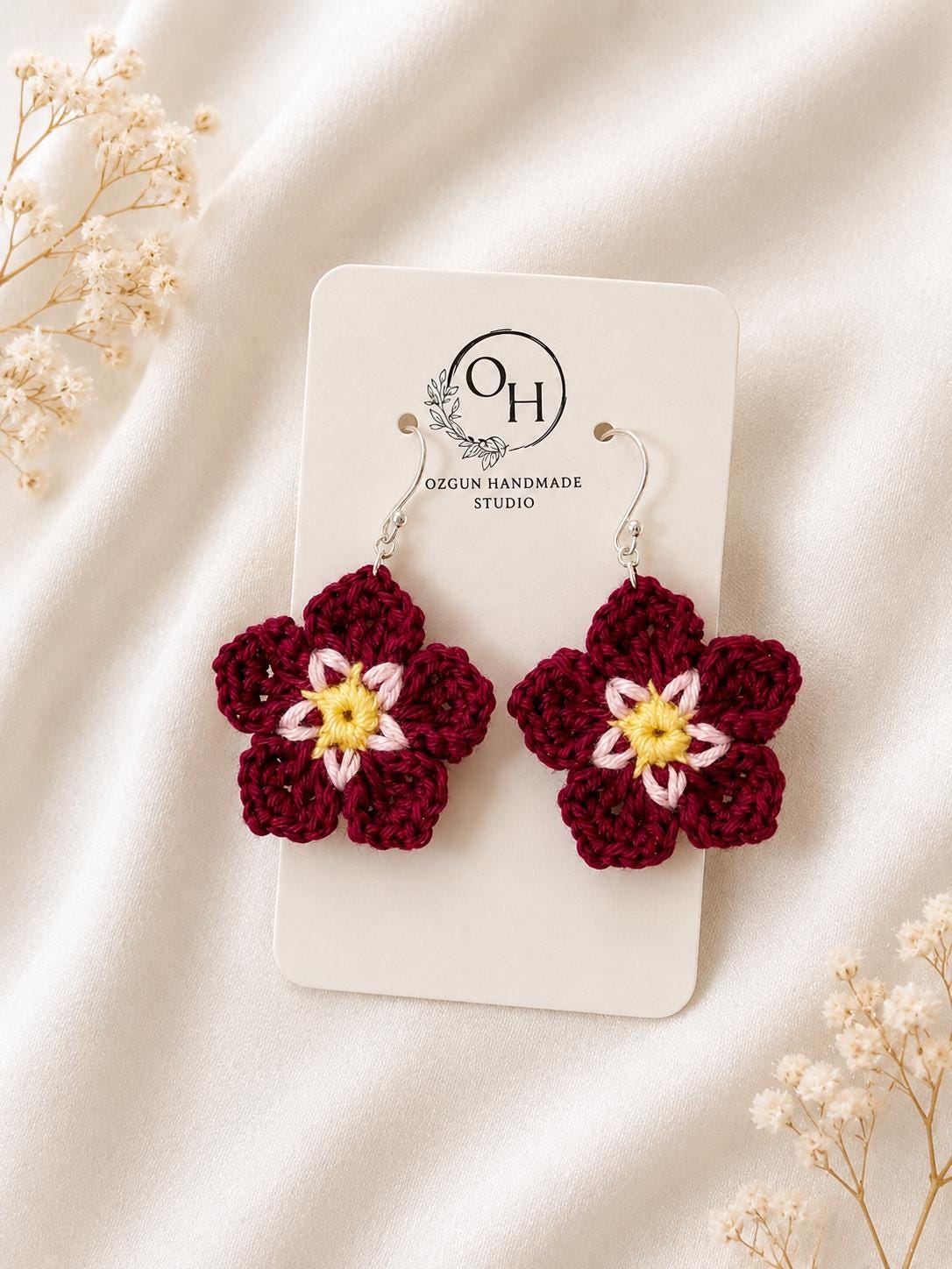 Forget Me Not Flower Crochet Earrings, Sterling Silver Hooks, Glasses Holder Set __etsy:8054582434