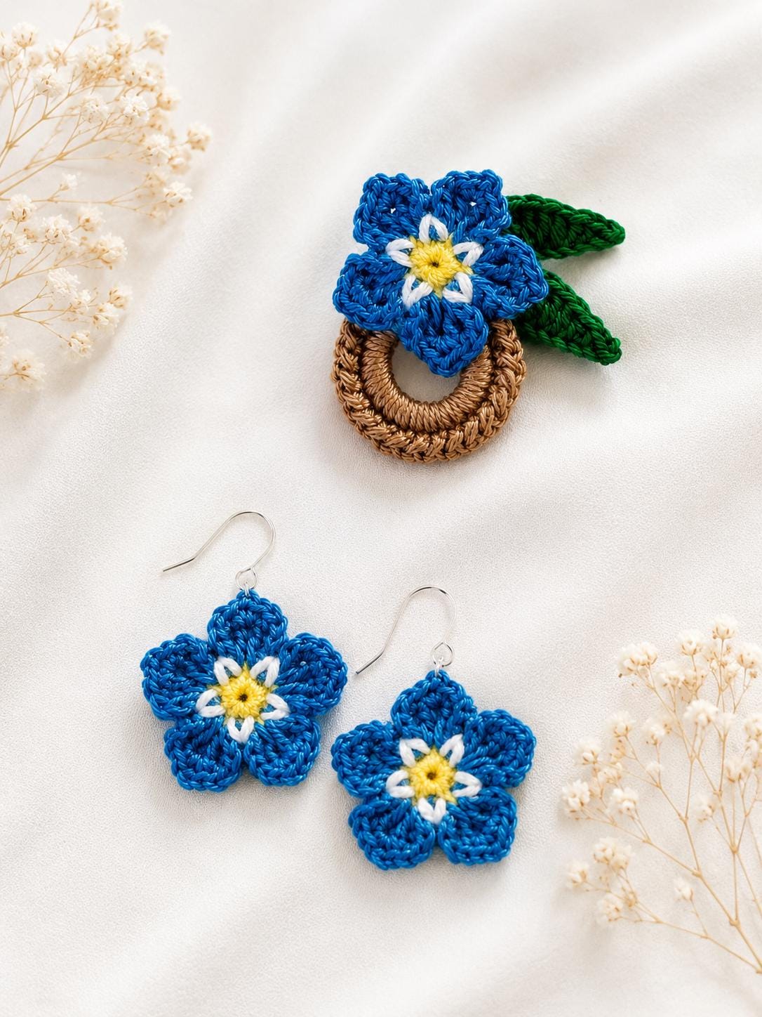 Forget Me Not Flower Crochet Earrings, Sterling Silver Hooks, Glasses Holder Set __etsy:8054564692