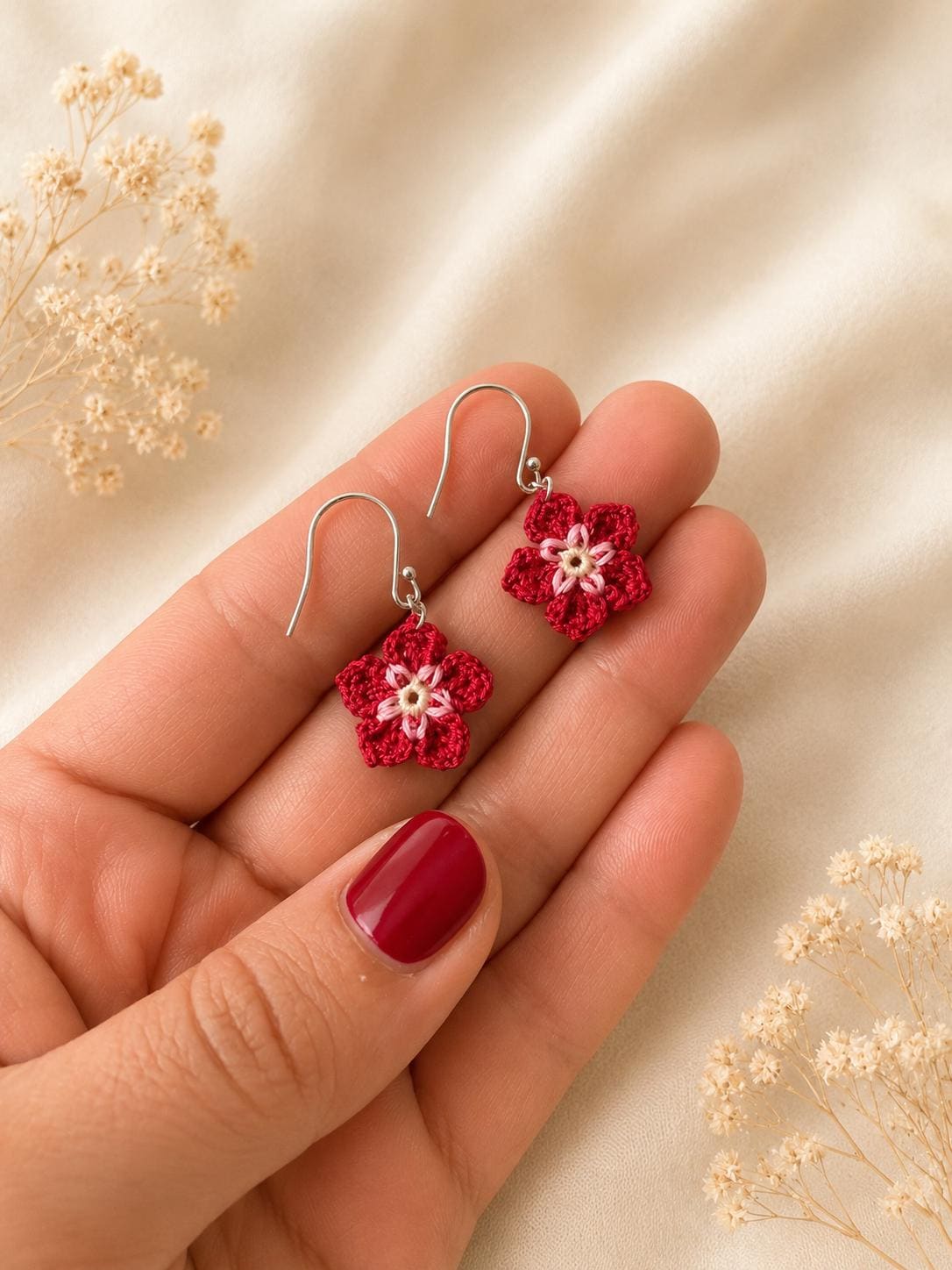 Fuchsia Micro Crochet Flower Earrings, Tiny Botanical Jewelry, Sterling Silver Hooks __etsy:8074129308