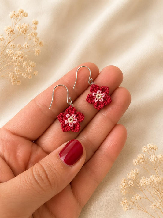 Fuchsia Micro Crochet Flower Earrings, Tiny Botanical Jewelry, Sterling Silver Hooks __etsy:8074129308