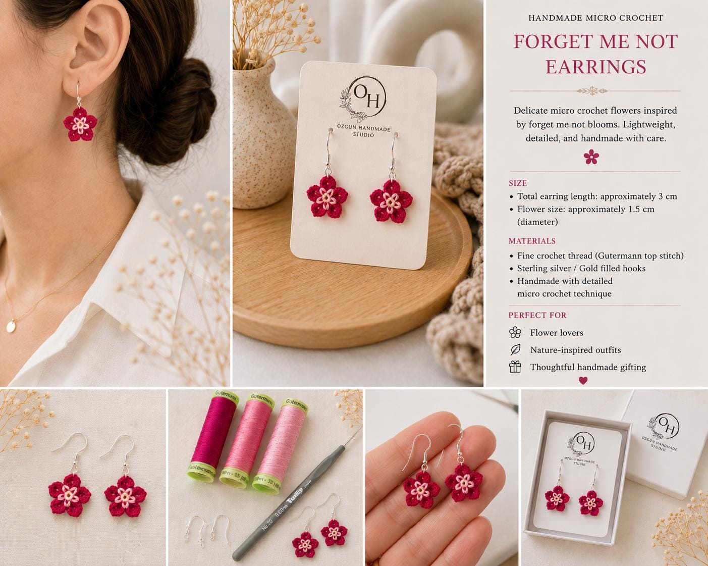 Fuchsia Micro Crochet Flower Earrings, Tiny Botanical Jewelry, Sterling Silver Hooks __etsy:8096112333