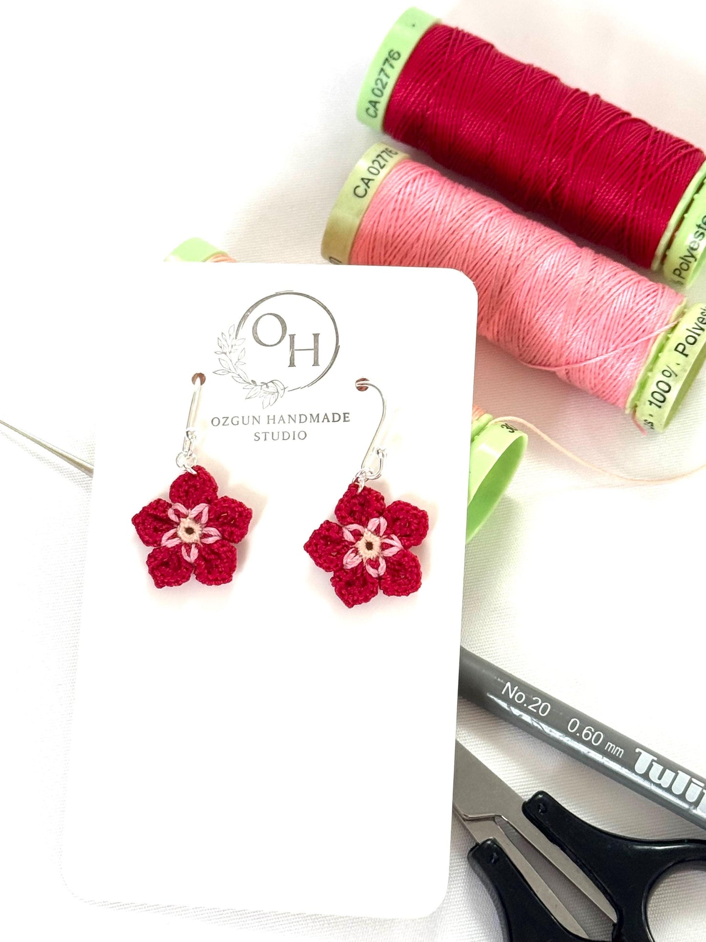 Fuchsia Micro Crochet Flower Earrings, Tiny Botanical Jewelry, Sterling Silver Hooks __etsy:8018282518