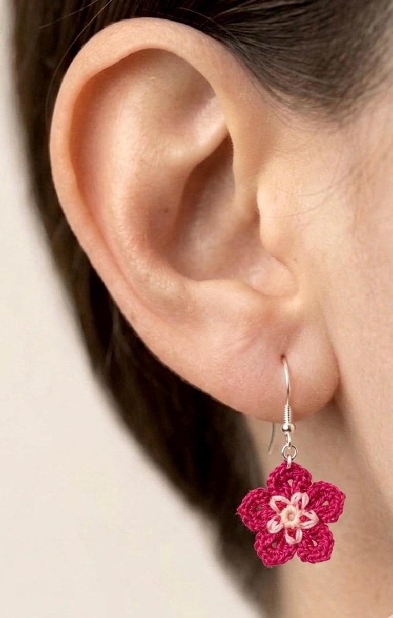 Fuchsia Micro Crochet Flower Earrings, Tiny Botanical Jewelry, Sterling Silver Hooks __etsy:8035975490