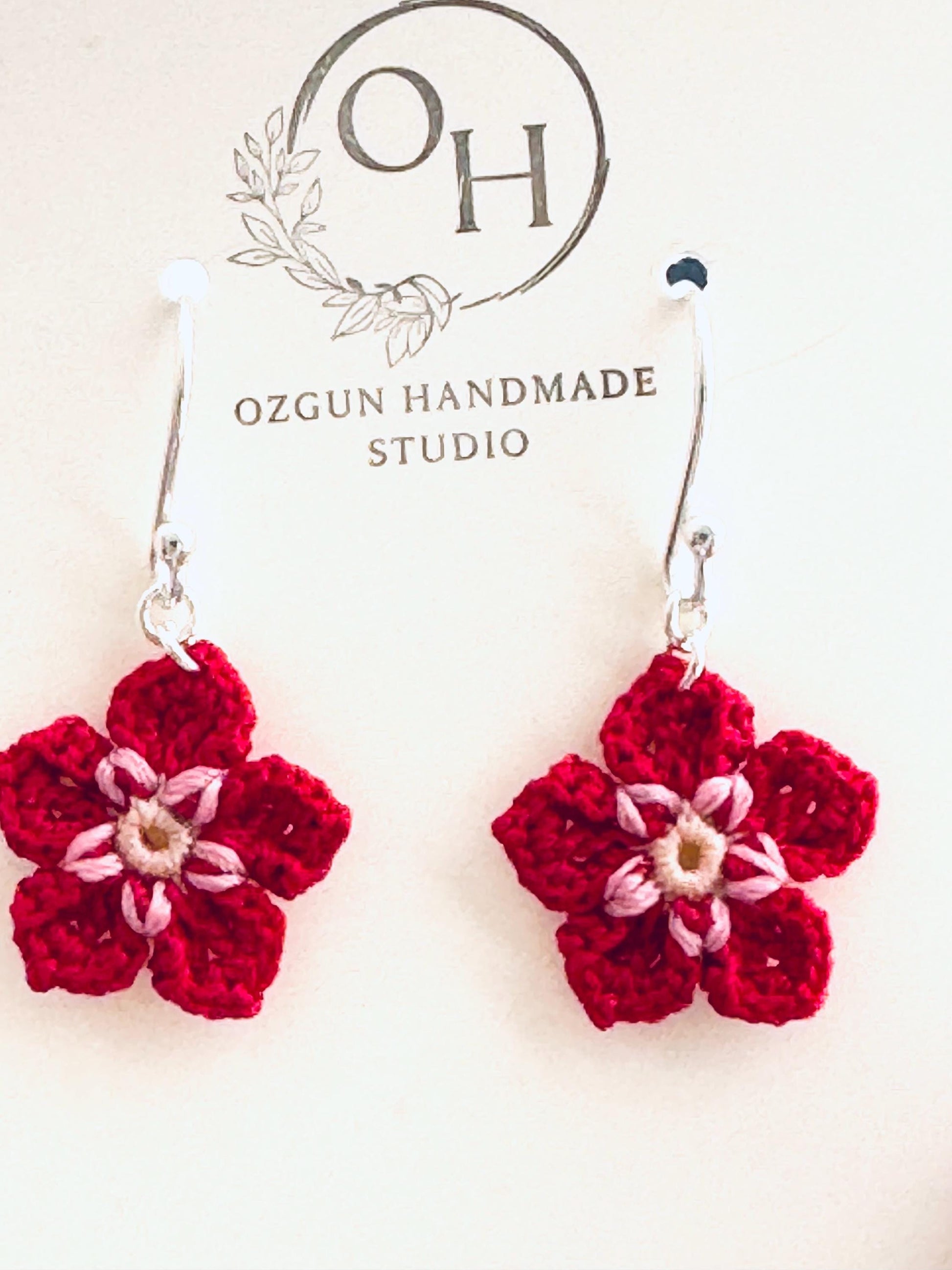 Fuchsia Micro Crochet Flower Earrings, Tiny Botanical Jewelry, Sterling Silver Hooks __etsy:8066201283