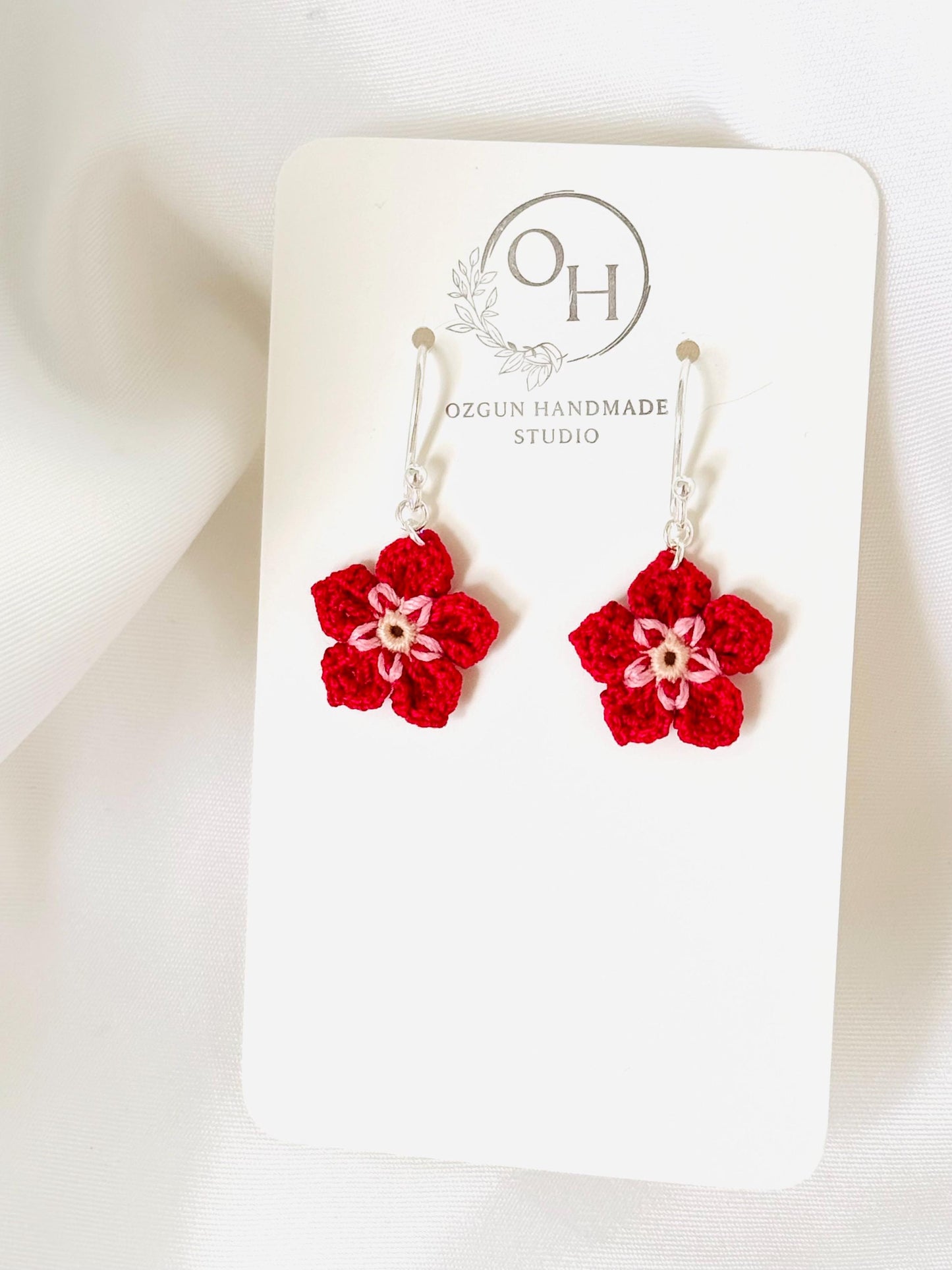 Fuchsia Micro Crochet Flower Earrings, Tiny Botanical Jewelry, Sterling Silver Hooks __etsy:8066201275