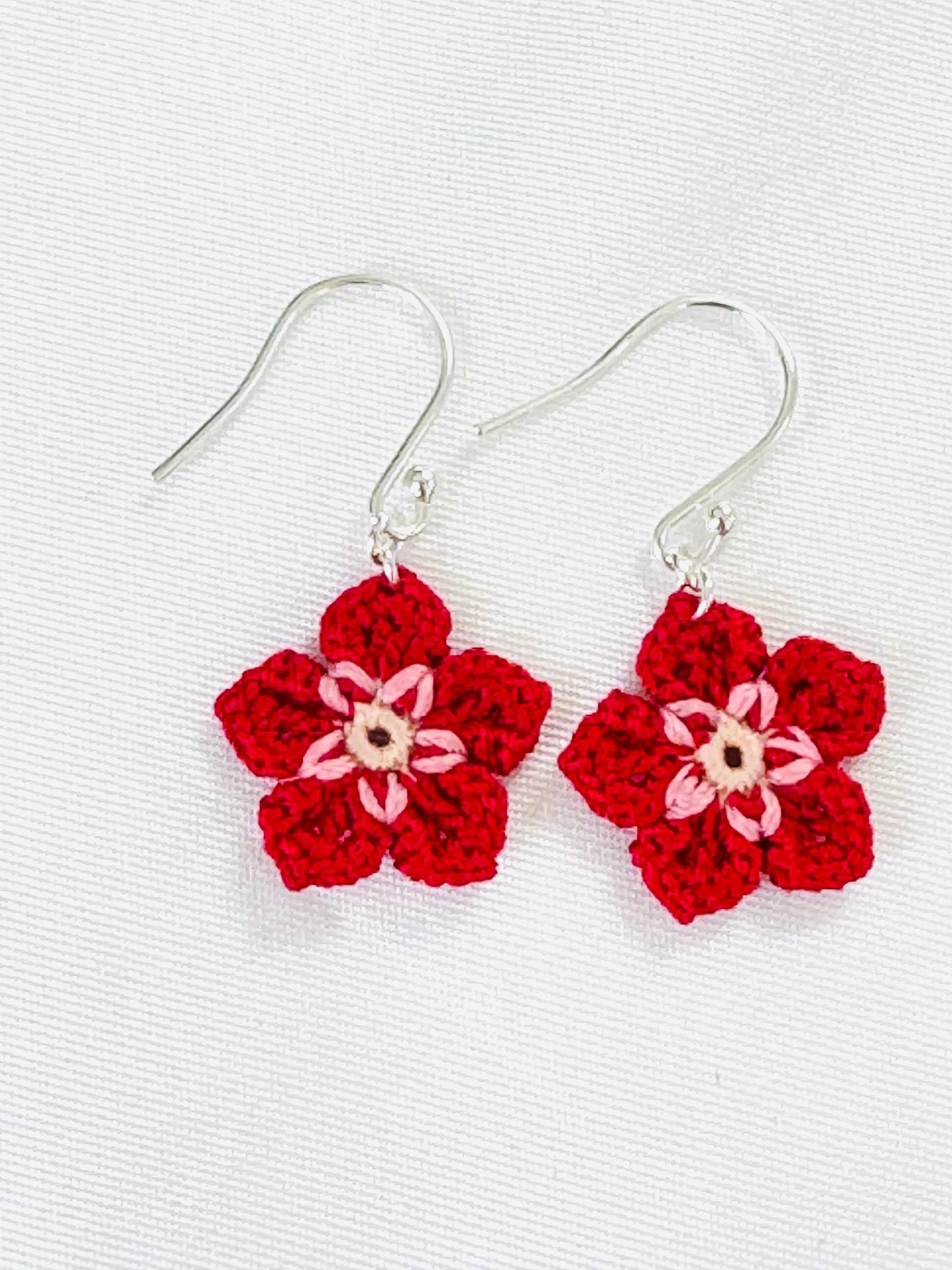 Fuchsia Micro Crochet Flower Earrings, Tiny Botanical Jewelry, Sterling Silver Hooks __etsy:8018282484