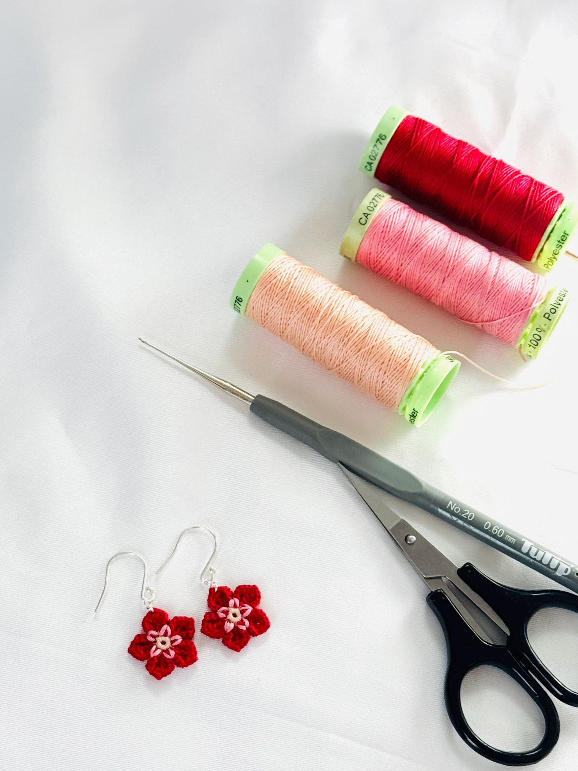 Fuchsia Micro Crochet Flower Earrings, Tiny Botanical Jewelry, Sterling Silver Hooks __etsy:8066201335