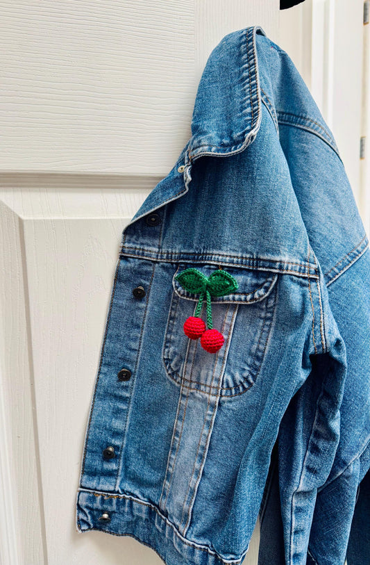 Handmade Crochet Cherry Brooch with Double Leaves – Playful & Whimsical Touch