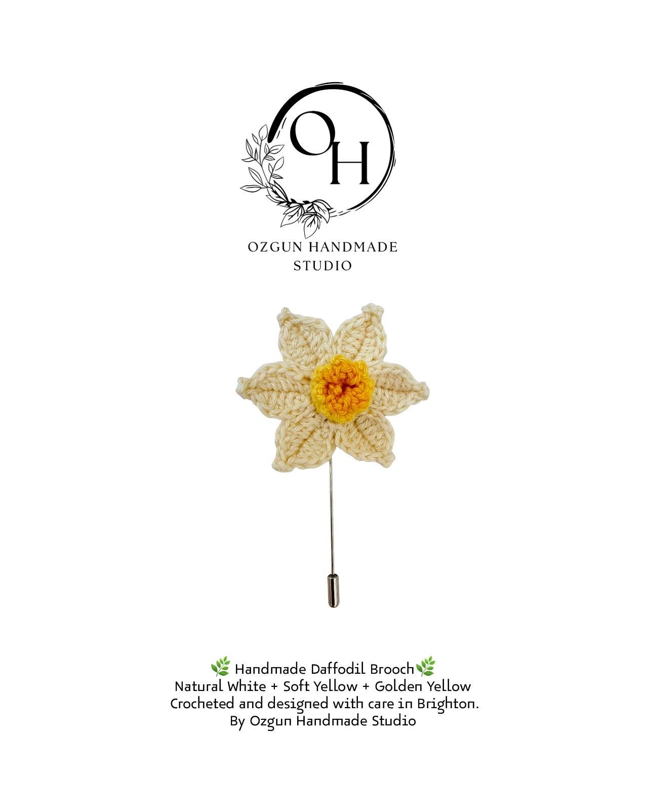 Handmade Crochet Daffodil Brooch – 100% Cotton Spring Flower Pin, Nature-Inspired Slow Fashion
