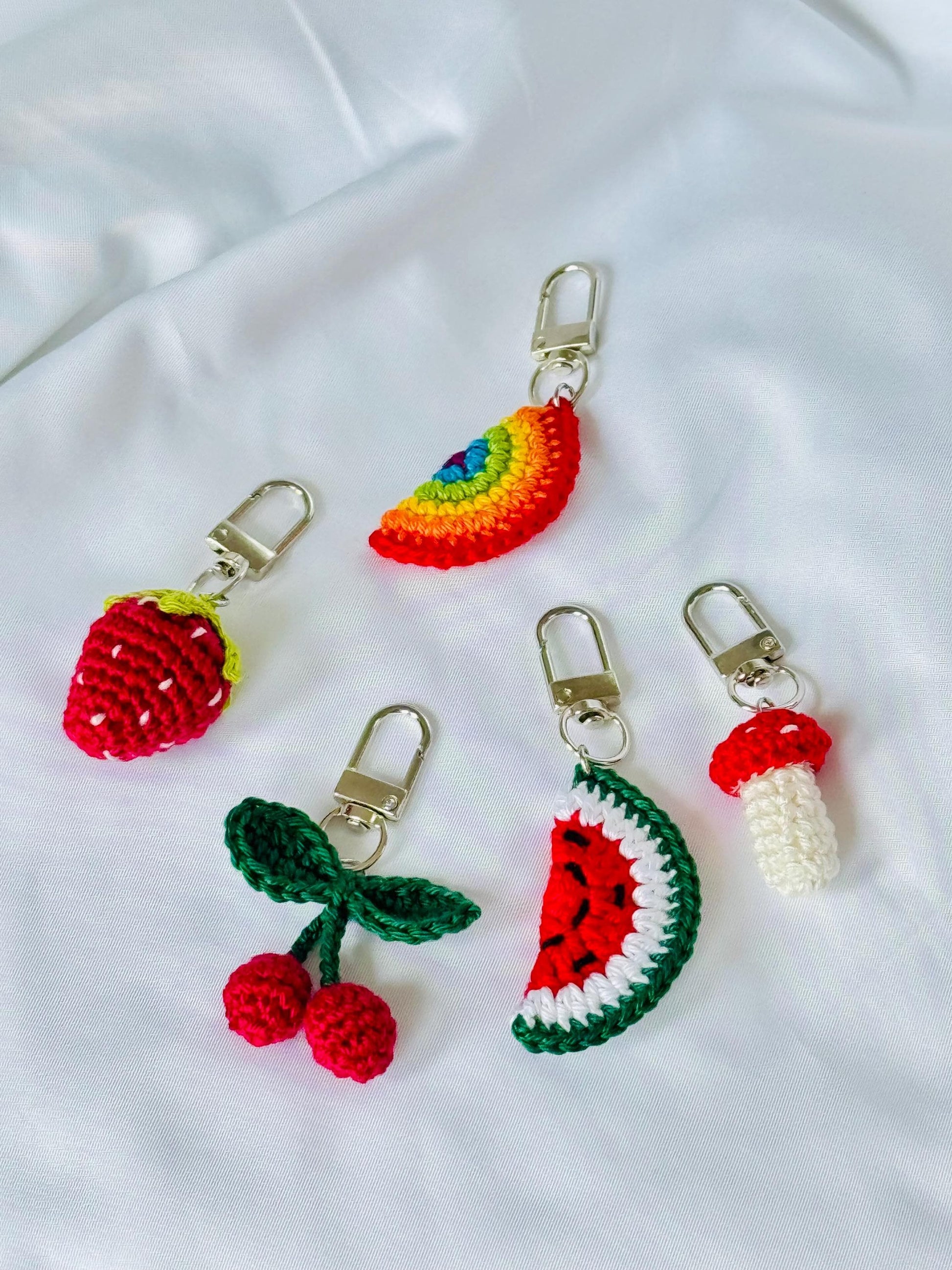 Handmade Crochet Fruit Charms, Strawberry Cherry Watermelon Mushroom Rainbow Keychain Bag Accessory __etsy:8045326436