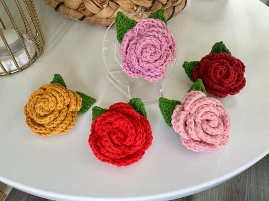 Handmade Crochet Rose Brooch: Floral Pin with Leaves