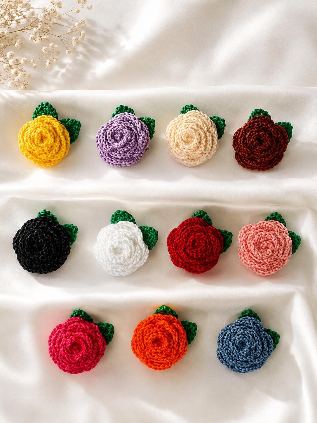 Handmade Crochet Rose Brooch: Floral Pin with Leaves - available in multiple colours __etsy:8081814946