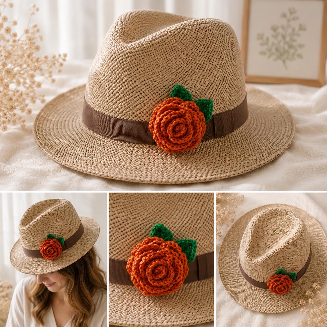 Handmade Crochet Rose Brooch: Floral Pin with Leaves - available in multiple colours __etsy:8115268514