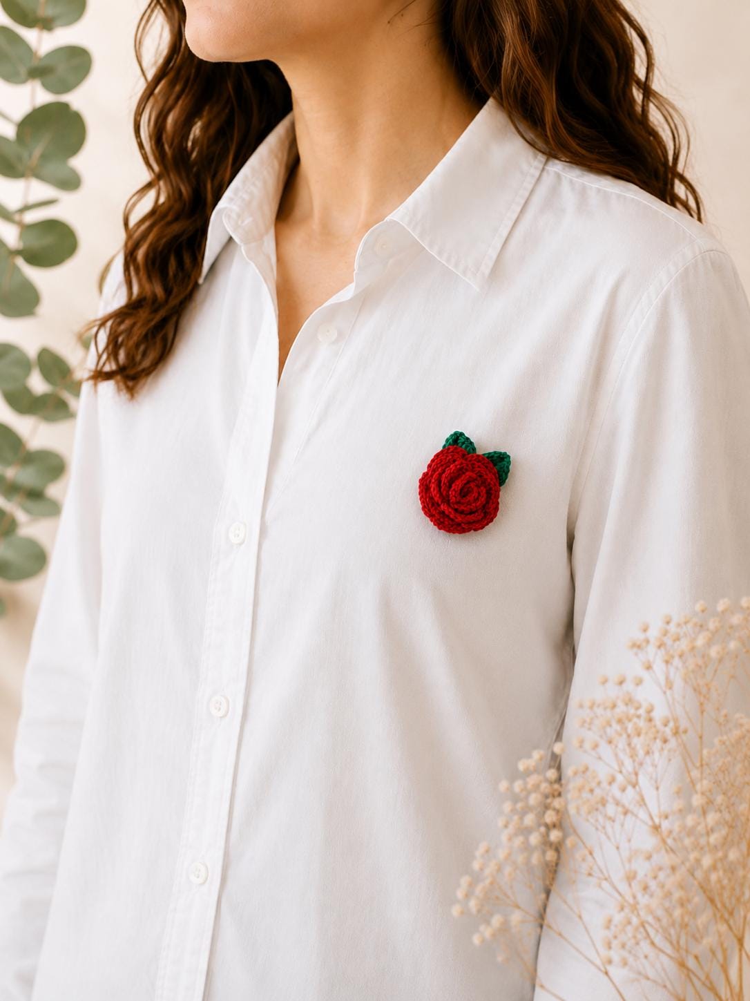 Handmade Crochet Rose Brooch: Floral Pin with Leaves - available in multiple colours __etsy:8136272243