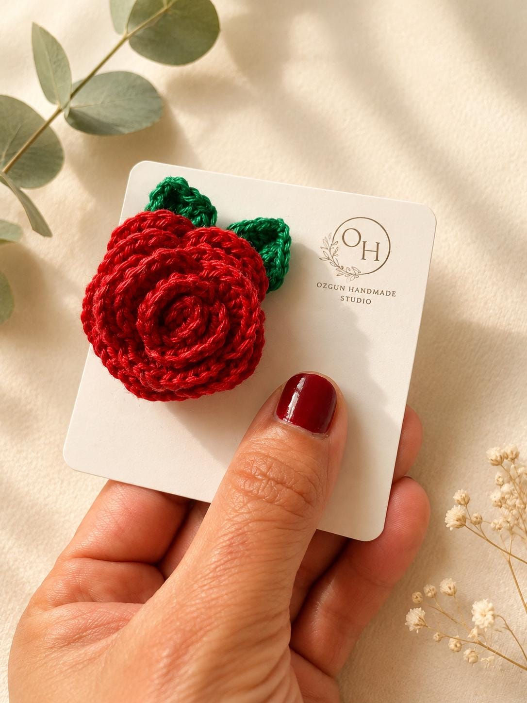 Handmade Crochet Rose Brooch: Floral Pin with Leaves - available in multiple colours __etsy:8136433227
