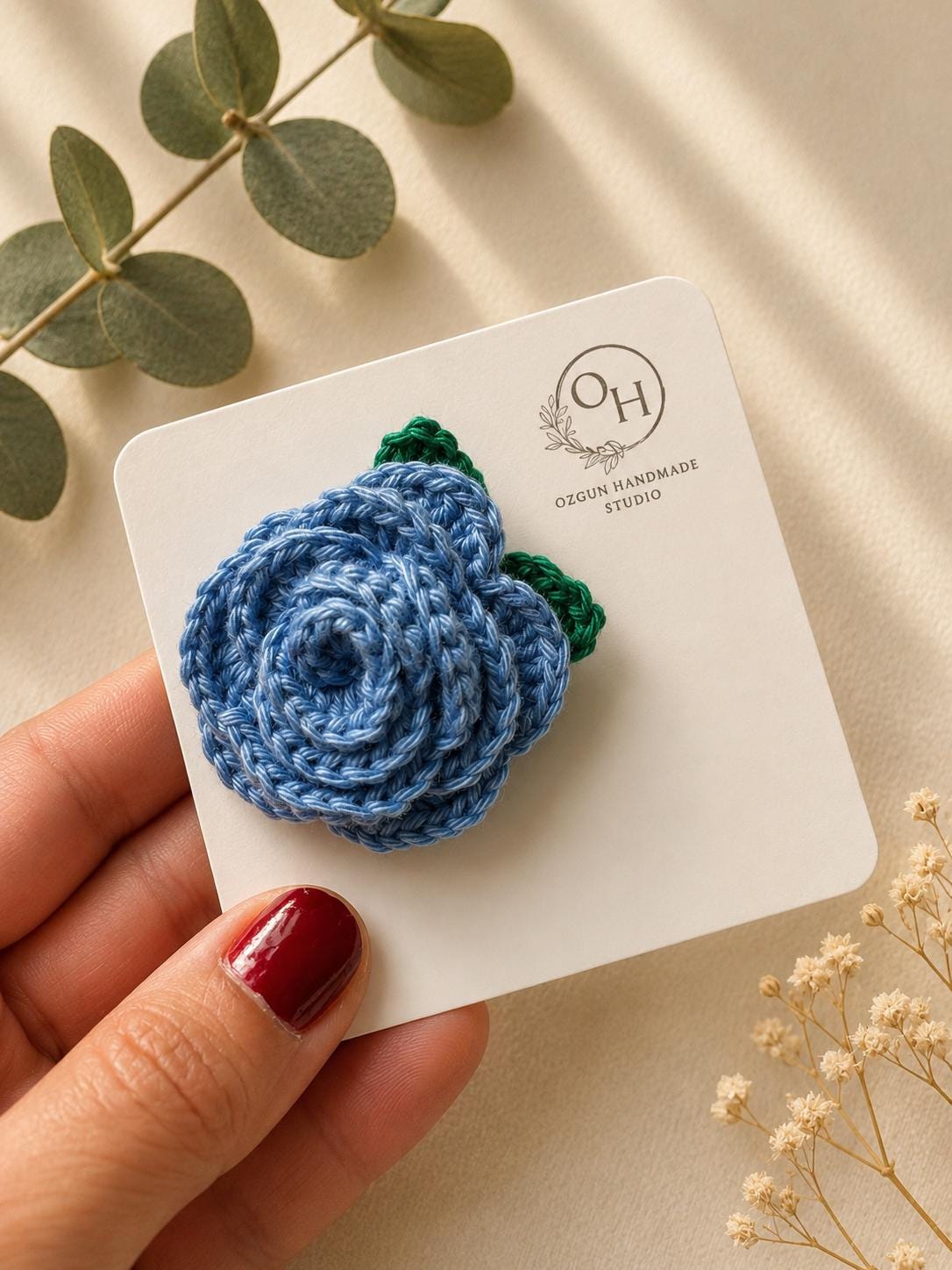 Handmade Crochet Rose Brooch: Floral Pin with Leaves - available in multiple colours __etsy:8088539036
