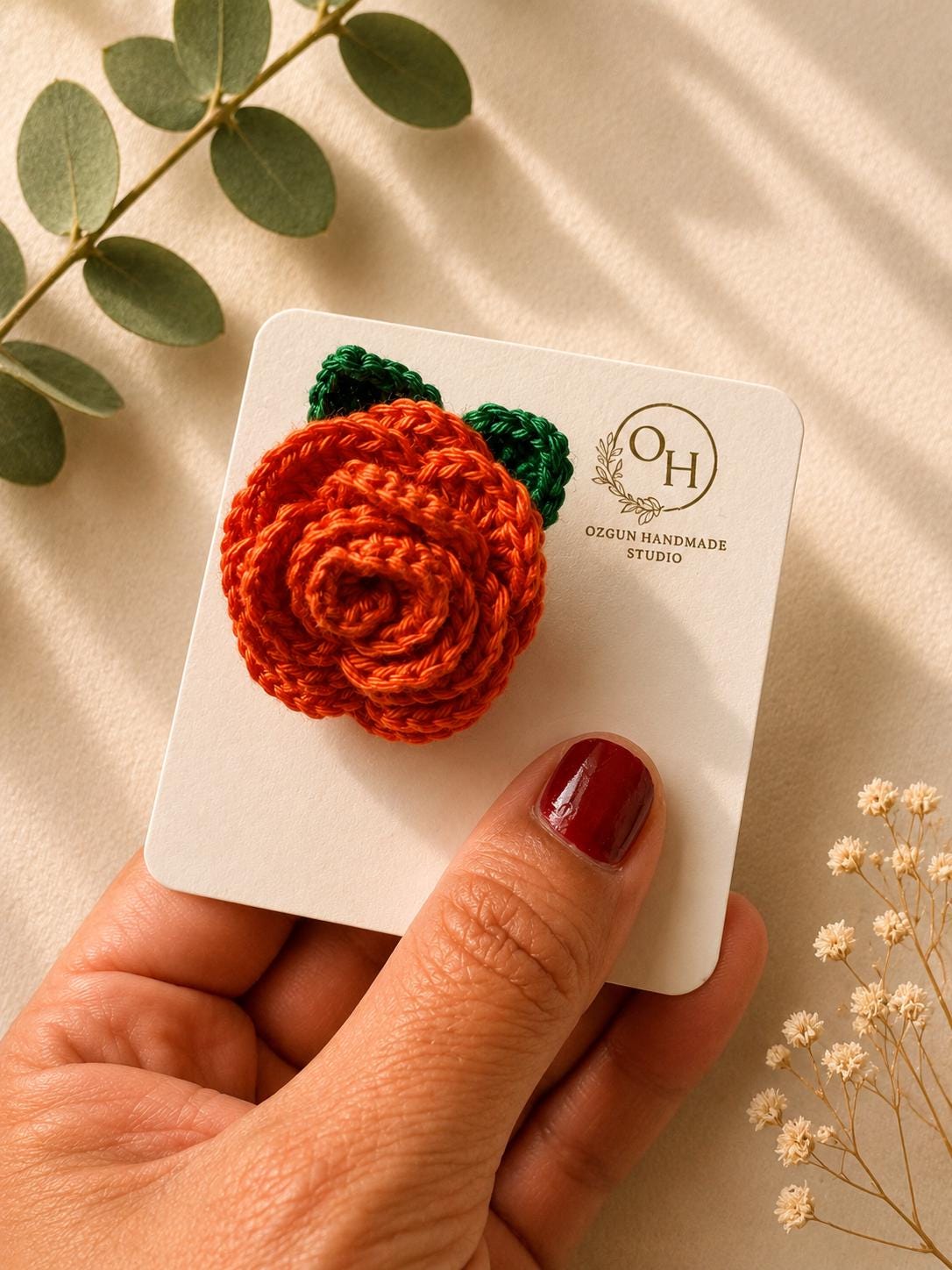 Handmade Crochet Rose Brooch: Floral Pin with Leaves - available in multiple colours __etsy:8136454407