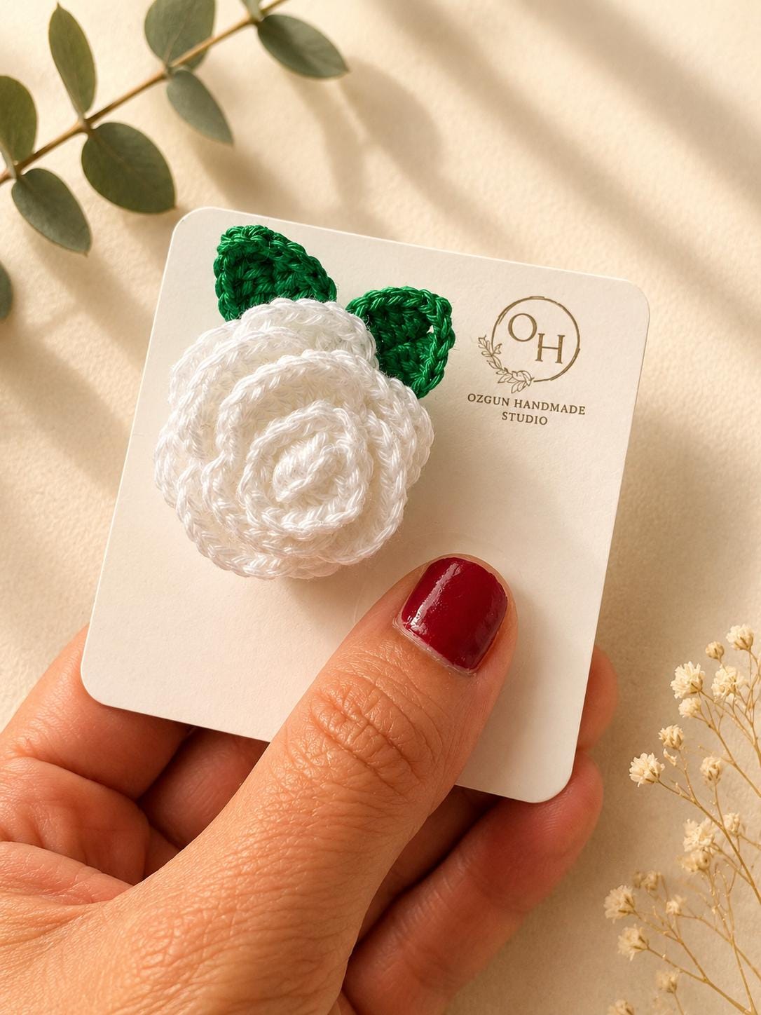 Handmade Crochet Rose Brooch: Floral Pin with Leaves - available in multiple colours __etsy:8088533390