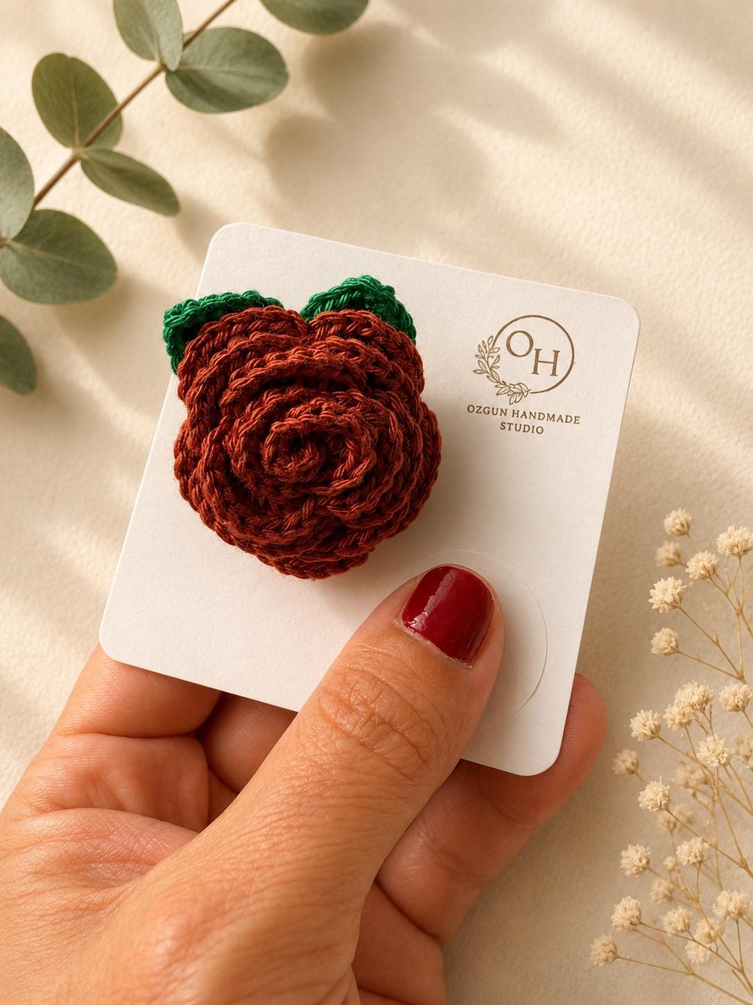 Handmade Crochet Rose Brooch: Floral Pin with Leaves - available in multiple colours __etsy:8136441809