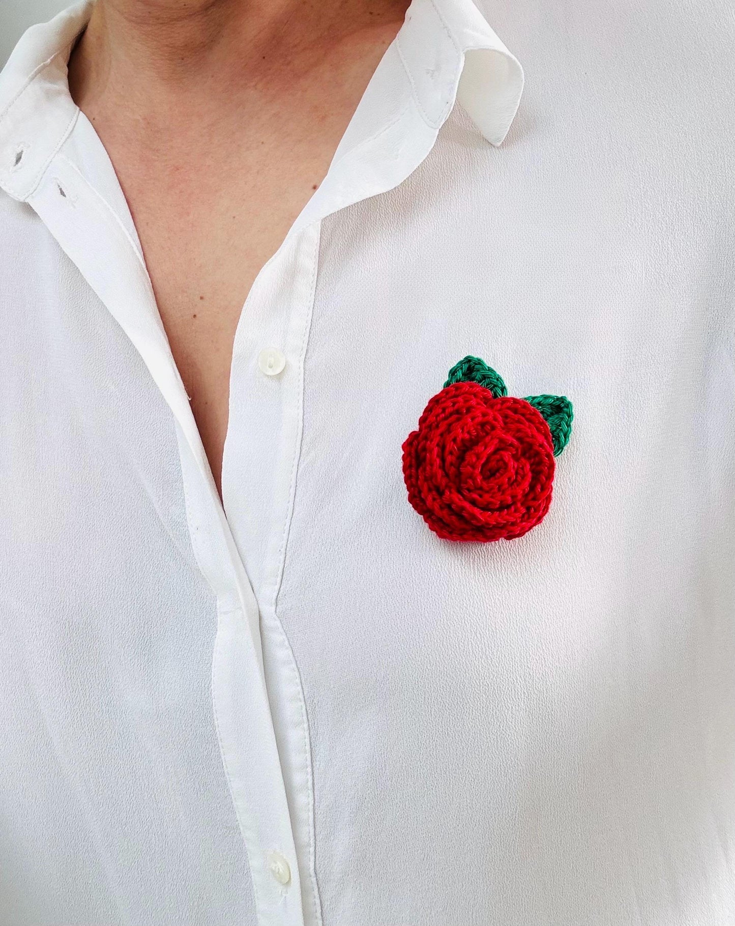 Handmade Crochet Rose Brooch: Floral Pin with Leaves - available in multiple colours __etsy:7893790474