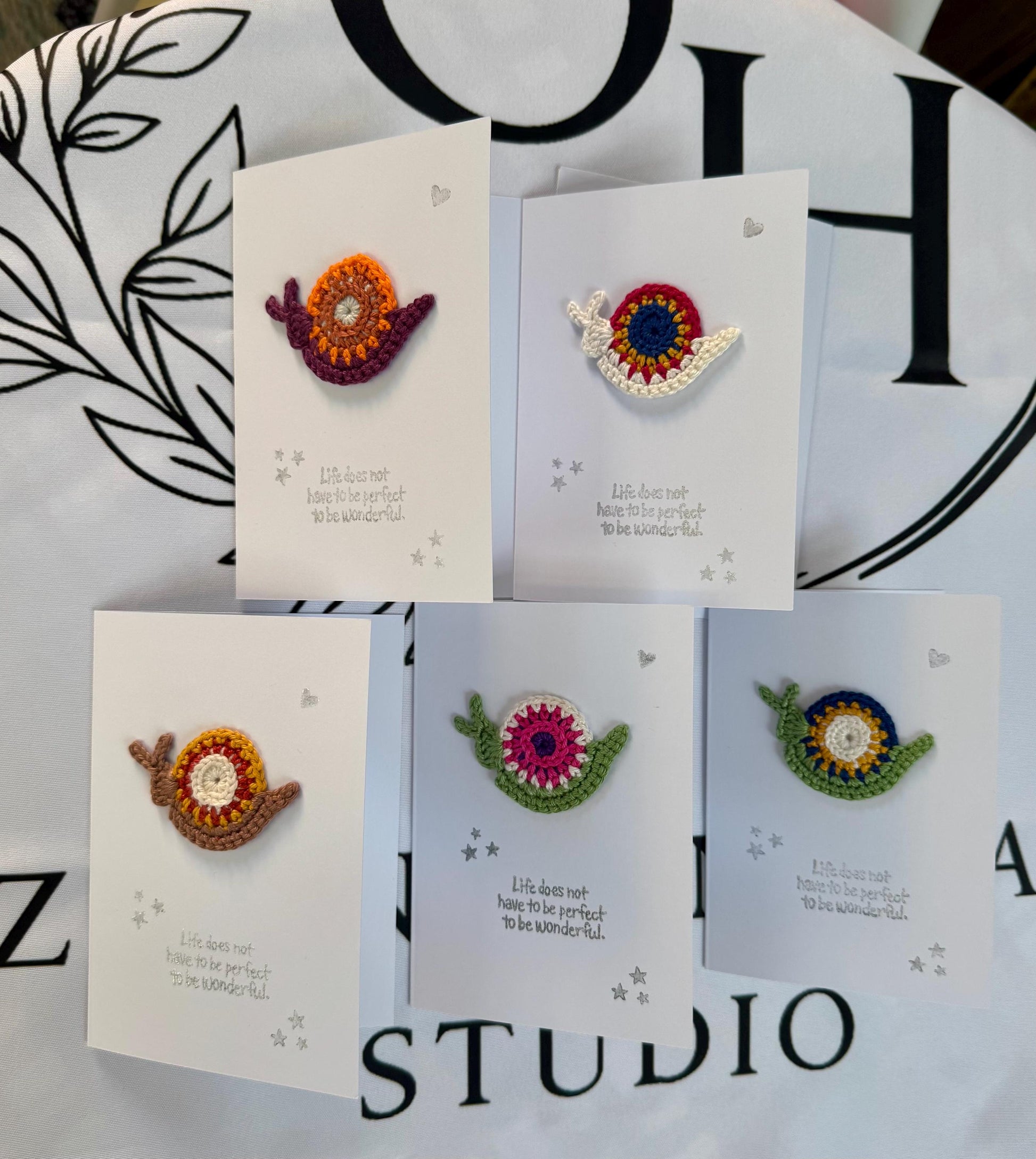 Handmade Crochet Snail Greeting Card: Mindful Quote, with Envelope