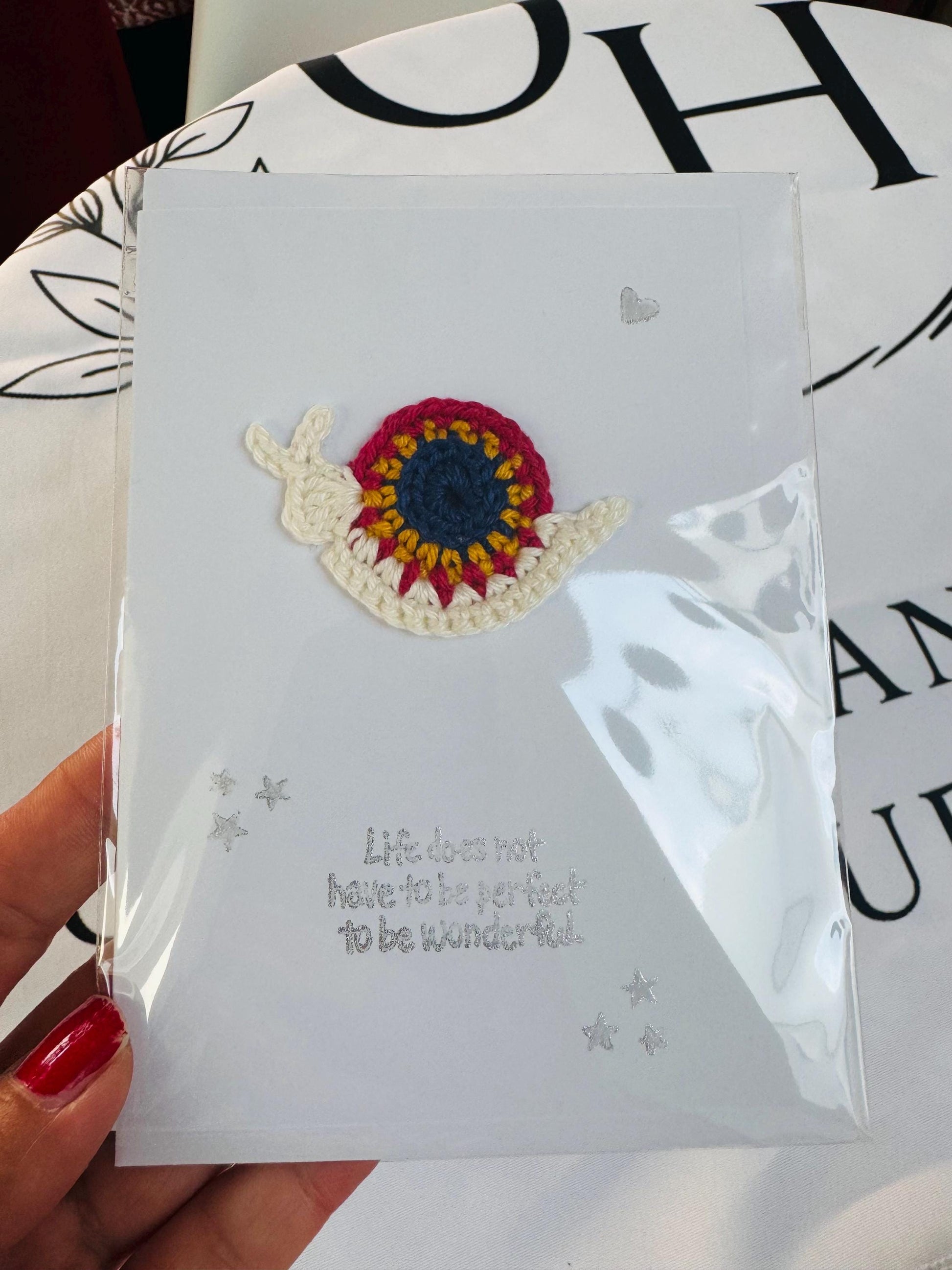 Handmade Crochet Snail Greeting Card: Mindful Quote, with Envelope