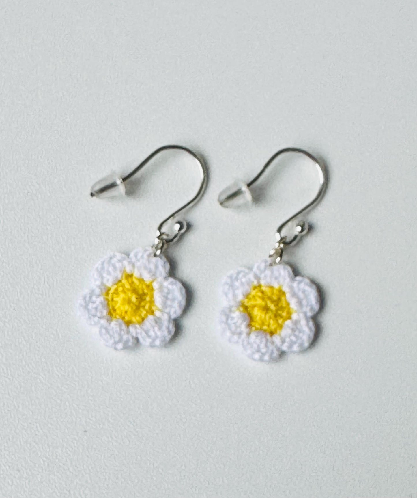 Handmade Micro Crochet Daisy Earrings – 925 Sterling Silver Hooks, Lightweight Floral Jewellery