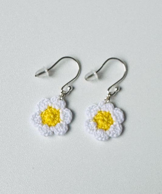 Handmade Micro Crochet Daisy Earrings – 925 Sterling Silver Hooks, Lightweight Floral Jewellery