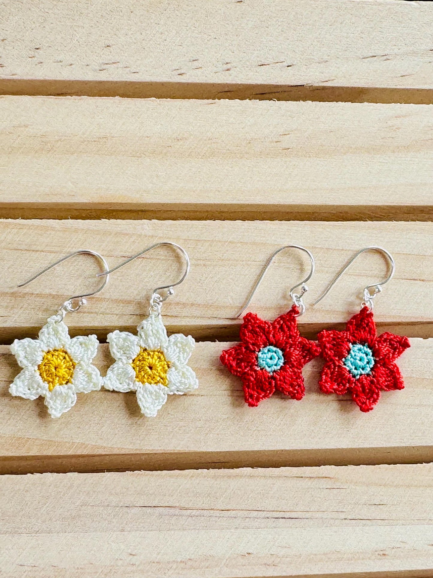 Handmade Micro Crochet Flower Earrings – Sterling Silver Hooks