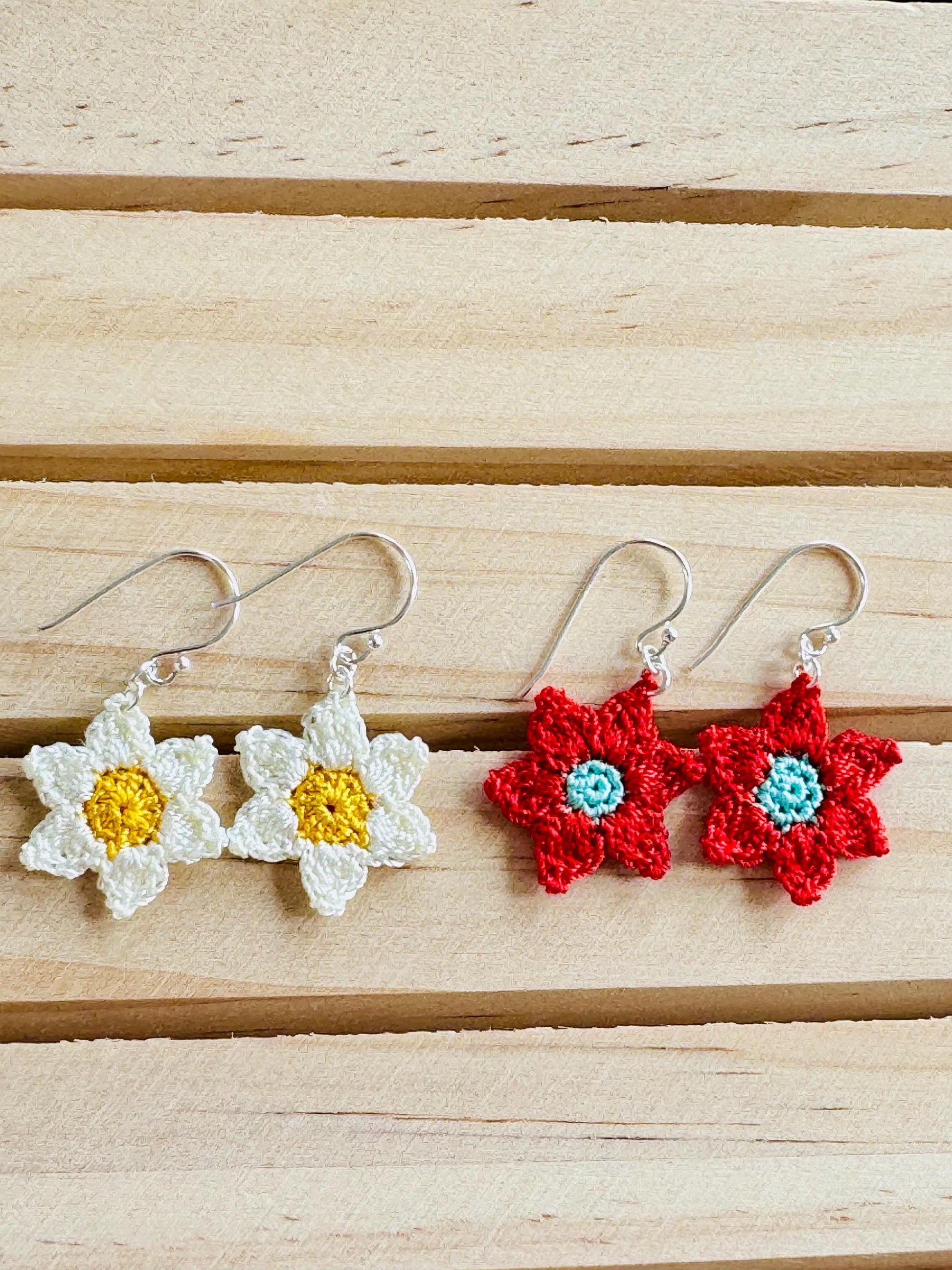 Handmade Micro Crochet Flower Earrings – Sterling Silver Hooks