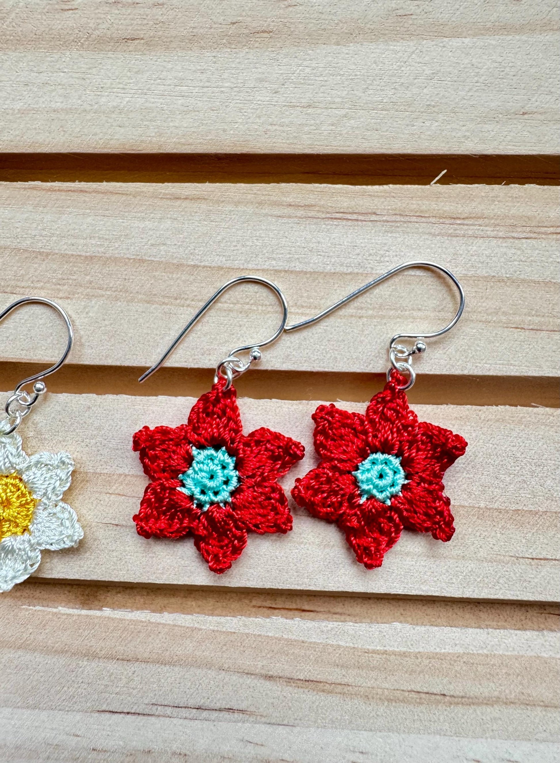Handmade Micro Crochet Flower Earrings – Sterling Silver Hooks