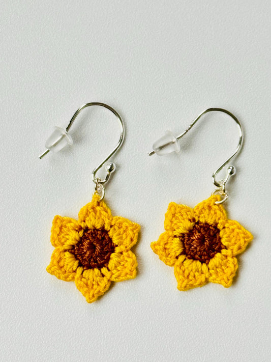 Handmade Micro Crochet Sunflower Earrings – 925 Sterling Silver Hooks, Lightweight Floral Jewellery