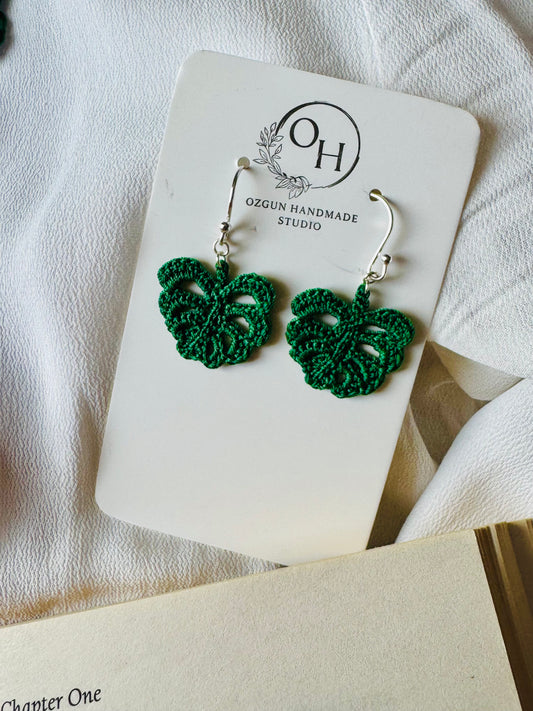 Micro Crochet Monstera Leaf Earrings