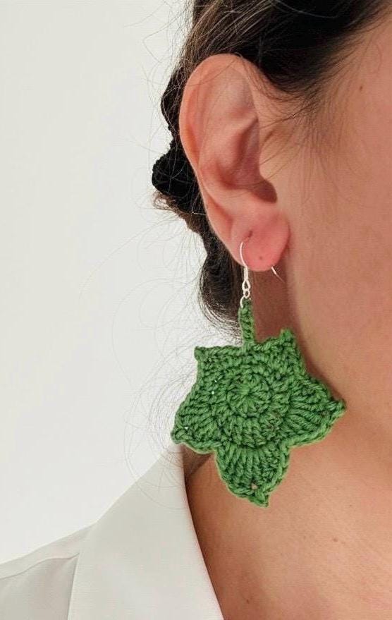 Maple Leaf Crochet Earrings – Botanical Crochet Jewellery – Sterling Silver Hooks