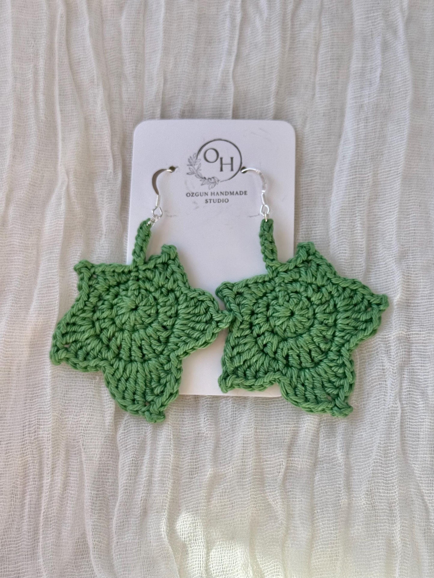 Maple Leaf Crochet Earrings – Botanical Crochet Jewellery – Sterling Silver Hooks