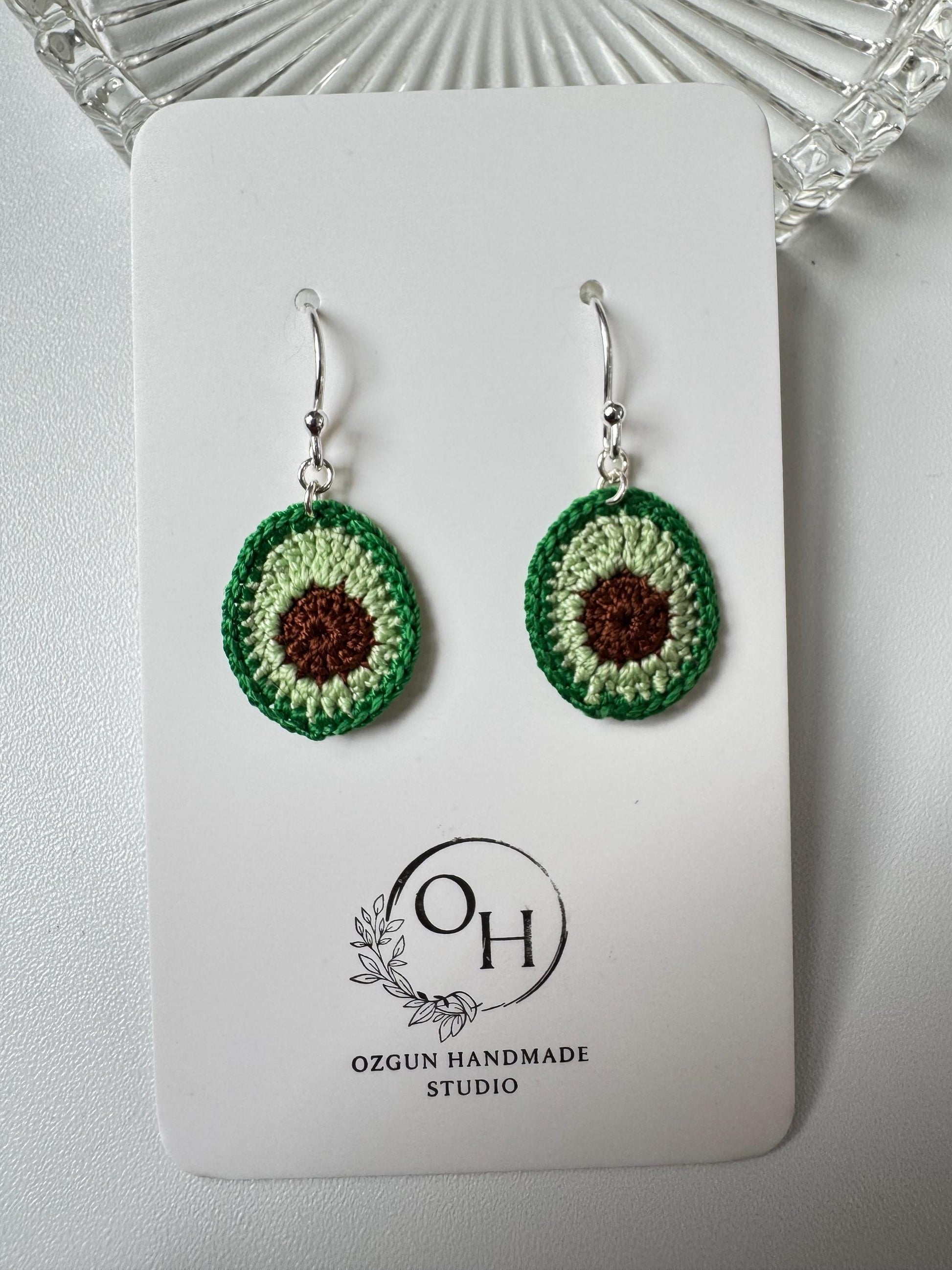 Micro Crochet Avocado Earrings – Handmade Cotton Fruit Jewelry, Sterling Silver Hooks