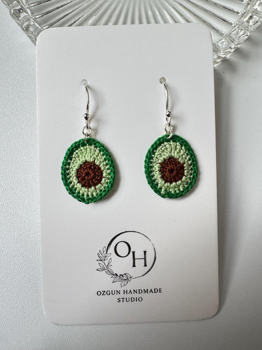 Micro Crochet Avocado Earrings – Handmade Cotton Fruit Jewelry, Sterling Silver Hooks