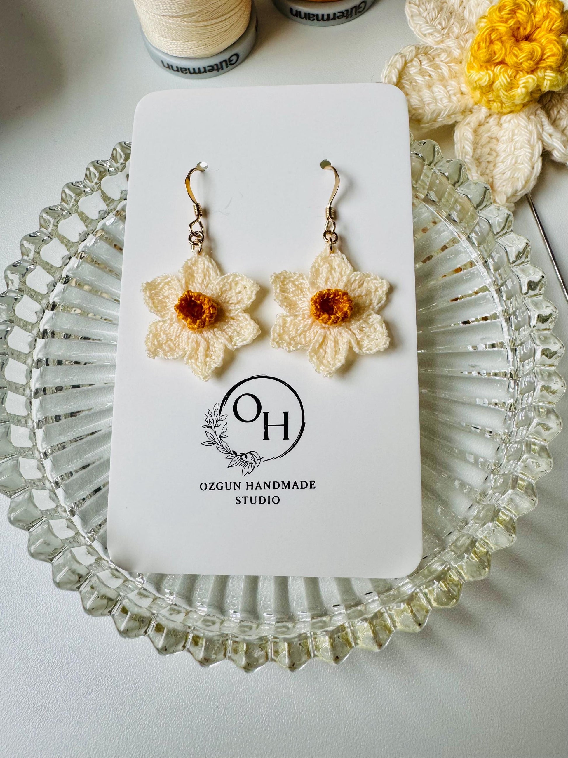 Micro Crochet Daffodil Earrings – 14ct Gold Filled Hooks