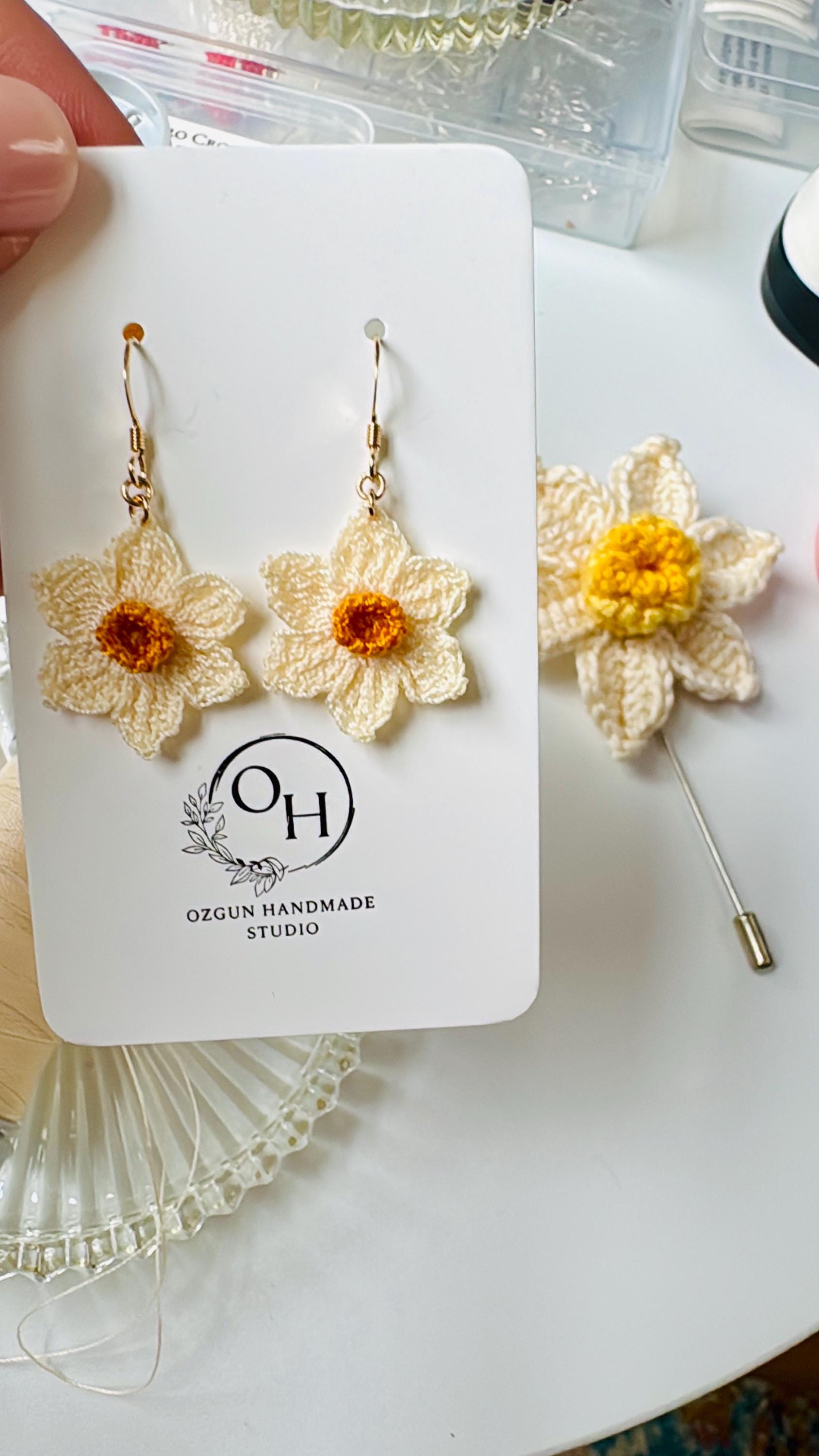 Micro Crochet Daffodil Earrings – 14ct Gold Filled Hooks