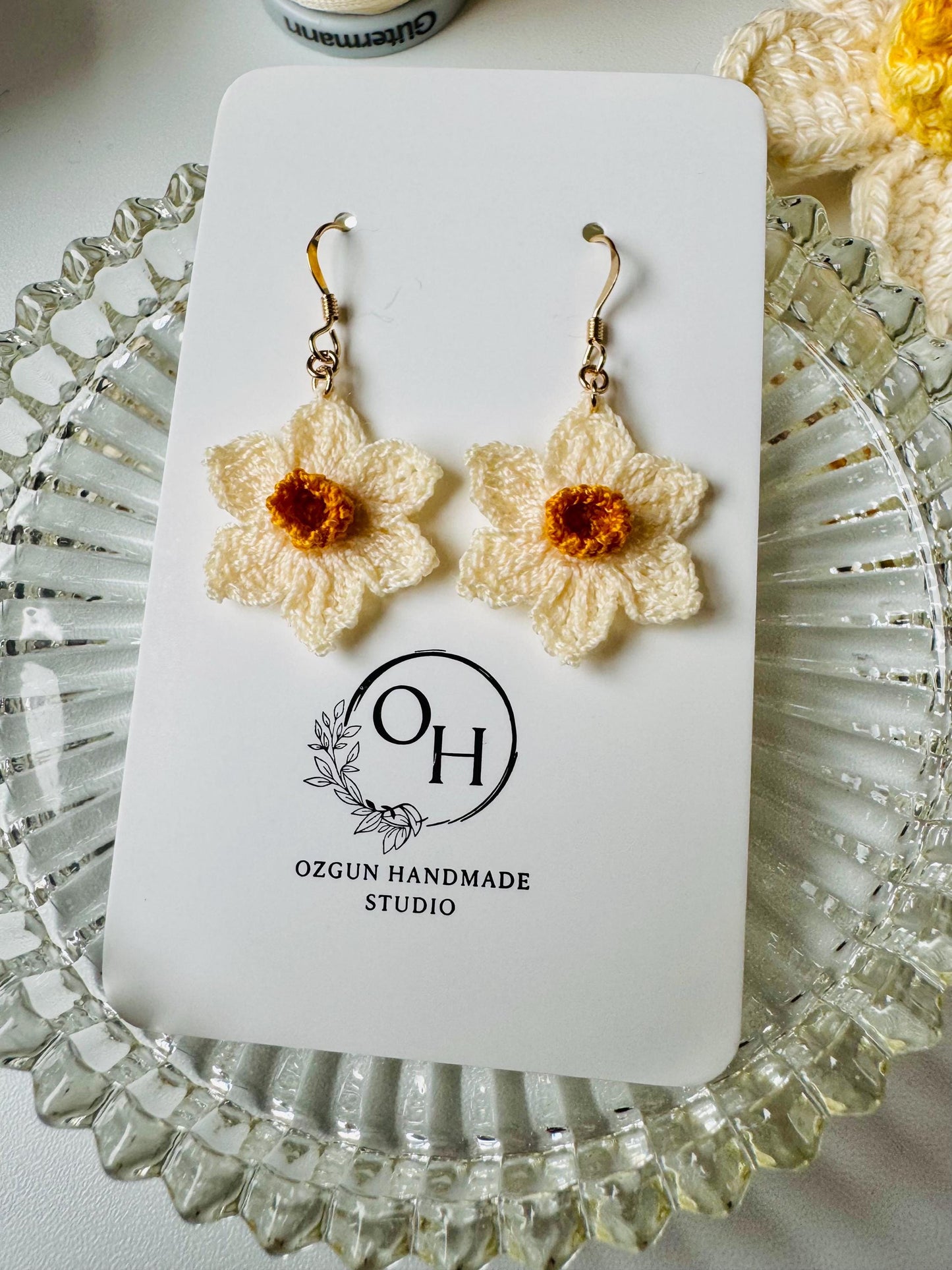 Micro Crochet Daffodil Earrings – 14ct Gold Filled Hooks