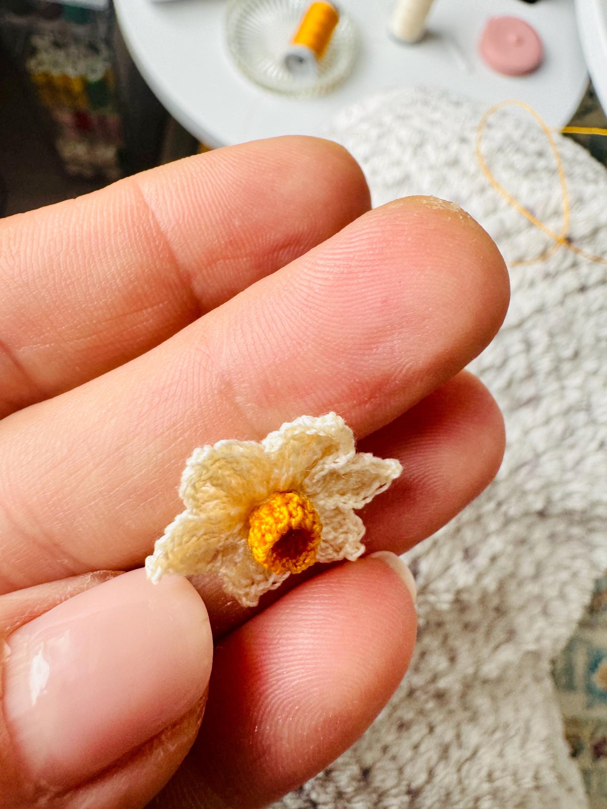 Micro Crochet Daffodil Earrings – 14ct Gold Filled Hooks