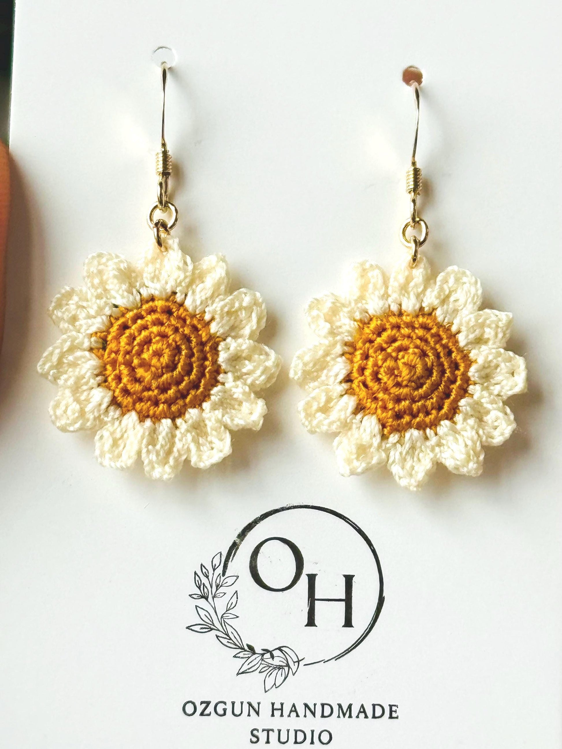 Micro Crochet Daisy Earrings – 14ct Gold Filled Hooks, Cotton Flower Jewellery