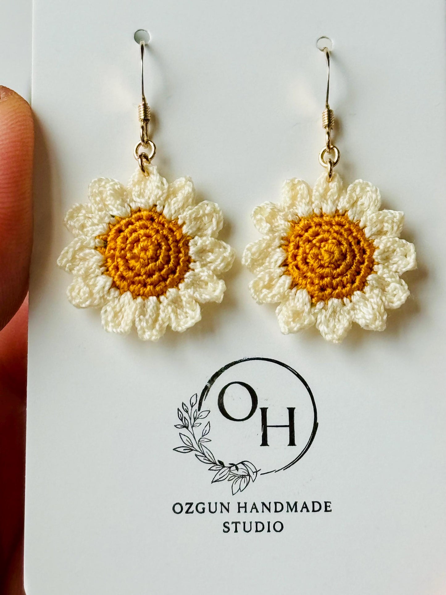 Micro Crochet Daisy Earrings – 14ct Gold Filled Hooks, Cotton Flower Jewellery